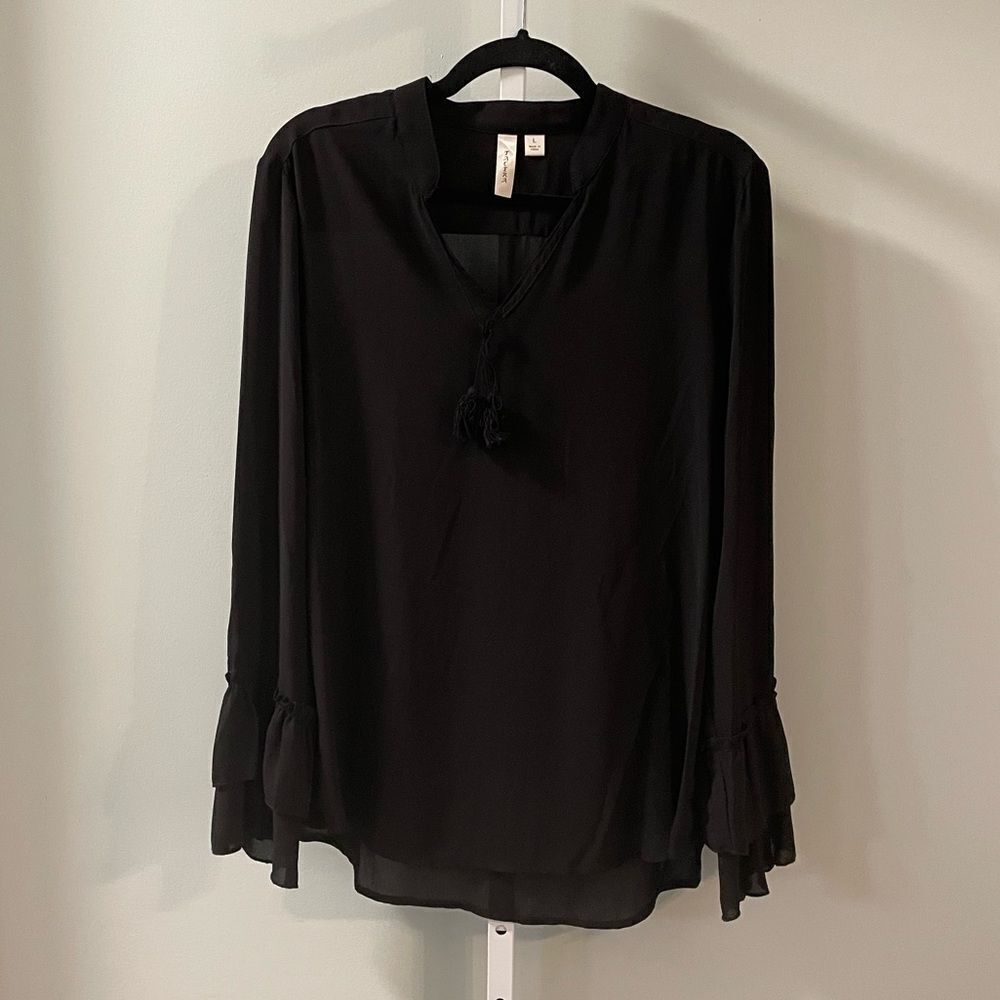 Tacera Black Blouse with Ruffled Bell Sleeves